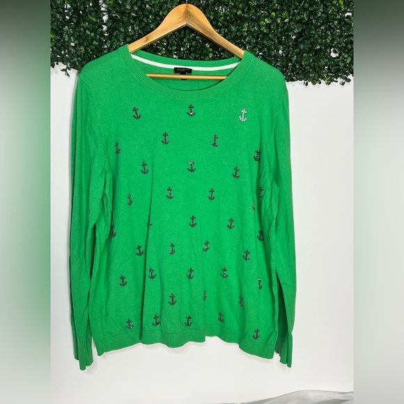 Talbots Sweaters - TALBOTS - Rhinestone Embellished Anchor Coastal Sweater Cotton Wool 2X Green